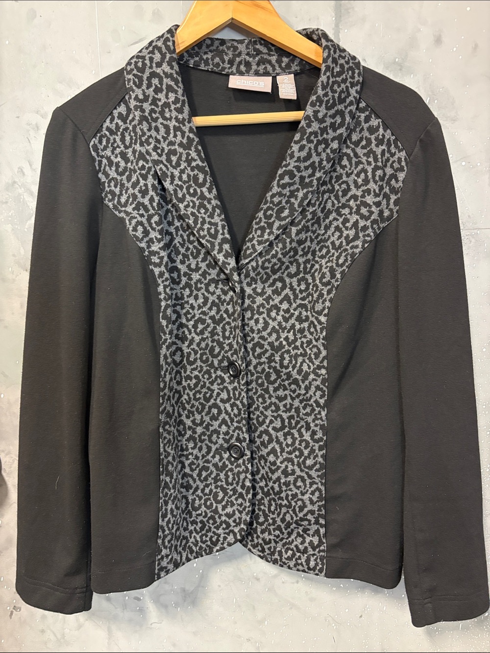 Chico's Black Jacket with Gray Leopard-Print Trim